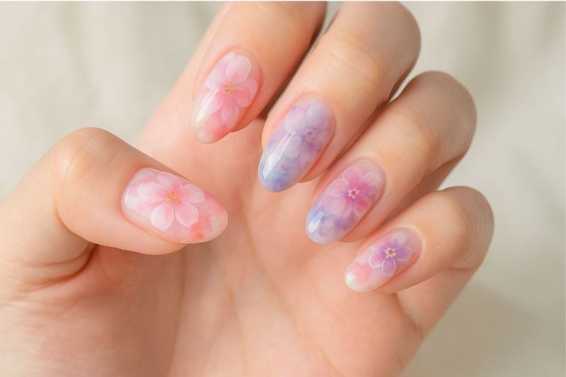 日系花卉暈染風美甲｜浪漫指尖藝術，綻放自然系柔美風格